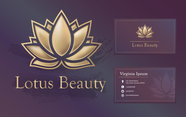 Beauty or spa salon, yoga, wellness, meditation logo with business card design. Lotus luxury gold flower glossy vector logo  