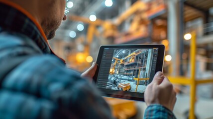 Close-up of an engineer's hands holding a tablet with a 3D model of a building under construction, machinery operating in the blurred background, emphasizing modern construction techniques