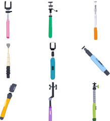 selfie stick set cartoon vector illustration