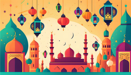 Vibrant Ramadan greeting card adorned with colorful lanterns