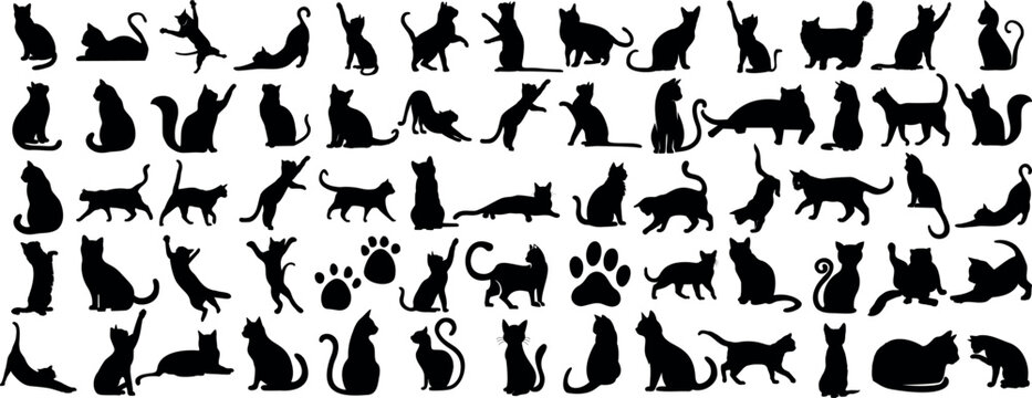 Black cat silhouettes on white background, showcasing diverse feline poses sitting, walking, playful. Ideal for pet lovers, art designs, wallpapers, and modern, trendy decorations
