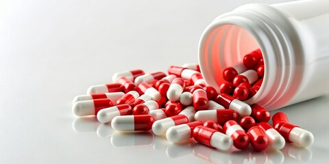 Red and white capsules pill spilled out from white plastic bottle container. Antibiotics drug resistance. Antimicrobial capsule pills. Pharmaceutical industry. Pharmacy. Global healthcare concept