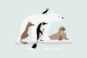 Polar Bear and Friends Standing on Ice Floe Vector Illustration