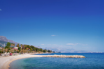 Beautiful landscape with mountains view. Kastel coast in Dalmatia, Croatia. Famous tourist destination. Old town on the Adriatic seashore.