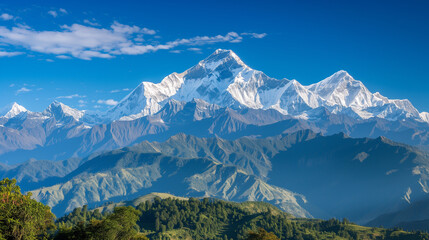Fototapeta na wymiar Majestic Peaks: A Grand Mountain Range Beneath a Pristine Blue Sky