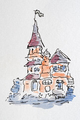 House sketch created with liner and watercolors. Color illustration on watercolor paper - 735856388