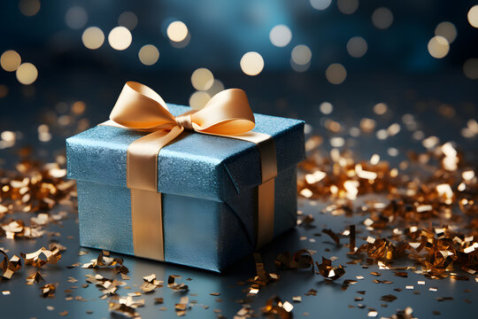 image of an elegant birthday present. Golden details. ribbon. blue background