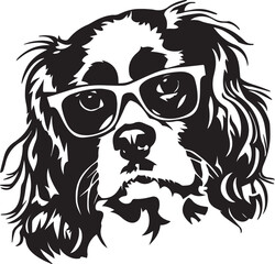 black and white spaniel dog with glasses