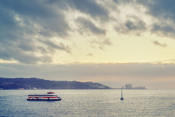 Ferry on Tagug river in Lisbon, Portugal