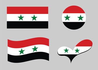 Syrian flag. Syria flag in heart shape. Syria flag in circle shape. Country flag variations.	