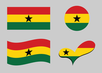 Ghanaian flag. Ghana flag in heart shape. Ghana flag in circle shape. Country flag variations.	