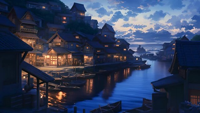 Twilight Serenity at a Traditional Seaside Japanese Village. Fantasy landscape with mountains and lake. Cartoon or anime watercolor digital painting illustration style. seamless looping 4k video.
