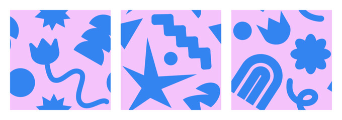 Cool Brutalism seamless pattern set. Naive playful abstract shapes in trendy brutalist style. Brutal contemporary figure. Swiss design Geometric background for poster, T-shirt. Vector illustration.