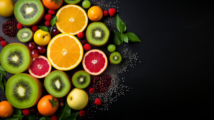 Various colorful citrus fruits and berries on dark background with copy space, top view.  free space for text