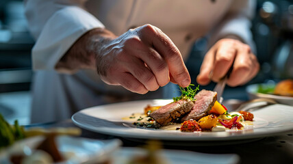 .A photograph of a close-up of a chef's hands expertly preparing a gourmet dish