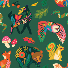 Forest animals in folk style, vector graphics