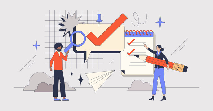 Employee engagement surveys for company feedback retro tiny person concept. Human resources analysis about workplace satisfaction or staff motivation vector illustration. Office reports monitoring.