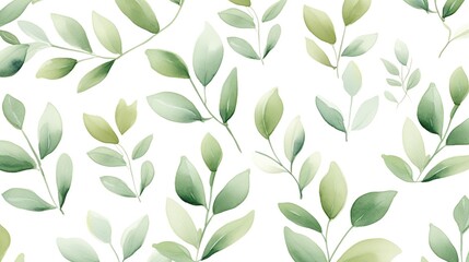 Watercolor green leaves seamless pattern on a white background. Hand painted foliage pattern for wallpaper and banner backdrop.