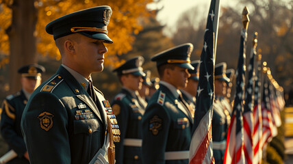 .A photograph of a military honor guard performing a flag-folding ceremony at a solemn event - obrazy, fototapety, plakaty