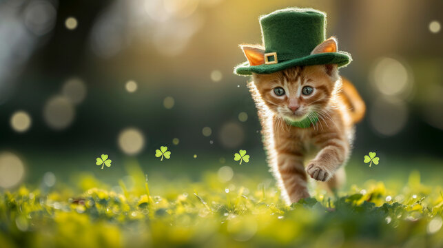 Cute ginger tabby kitten in green leprechaun hat runs through clover leaves. Red-striped orange little cat looking at camera in meadow on sunlight bokeh background. St. Patrick's day concept, cards