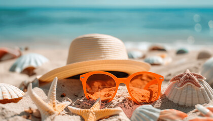 straw hat and sunglasses on the beach by the sea