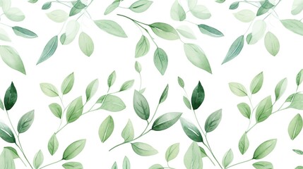 Watercolor green leaves seamless pattern on a white background. Hand painted foliage pattern for wallpaper and banner backdrop.