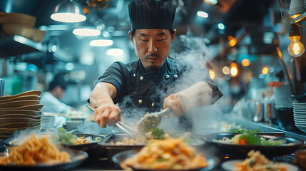 Portrait, close up Asian Japanese professional chef wearing black uniform, cooking and decorating dish. Hotel or Restaurant Service Concept. AI