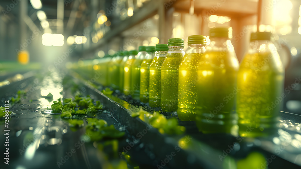 Wall mural beverage factory, conveyor belt with juice in bottles, drink factory production line fruit juice bev