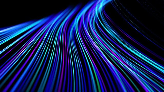 Wave vibrations of bright luminous lines on black background. Abstract concept of artificial intelligence (AI), sound waves and blockchain technology. Looped 4K video of three-dimensional soundwaves