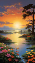 Fototapeta na wymiar Radiant Sunrise over Tranquil Lake Amongst Verdant Foliage and Blossoming Flora