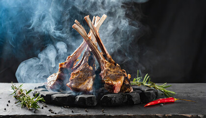 Fresh Cooking of Lamb meat with smoke and flame, closeup; barbecue concept meat fresh raw cut Generated AI - obrazy, fototapety, plakaty