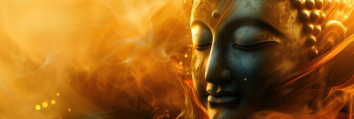 close-up head of an old buddha figurine, waves, smoke, wind, flame, fire, abstract background with bokeh