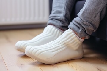 Warming Feet on White Radiator, Man Warms his Feet at Home, Cold Winter, Expensive Electricity Saving Concept