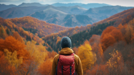 Hiker enjoying the colorful autumn mountain view.