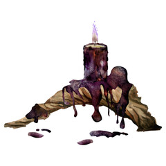 Obraz premium Hand drawn watercolor sea witch altar objects. Burning pillar and ball votive candles on bog driftwood, gothic purple. Composition isolated on white background. Design print, shop, magic, witchcraft