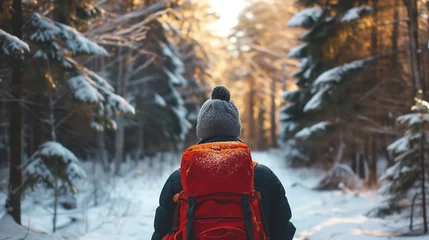 Foto op Canvas Hiker facing a forest landscape in winter. © vlntn