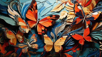 colorful butterflies background of the wall painting inelastic point of view butterflies design and colorful background  - obrazy, fototapety, plakaty