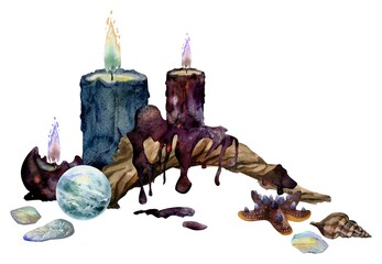 Hand drawn watercolor illustration sea witch altar objects. Burning pillar candles bog driftwood, gemstones crystals, shells starfish. Composition isolated white background. Design print, shop, magic
