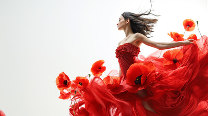 Beautiful young woman dancing with poppy flowers. - 735863130