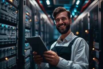 Fototapeta premium Network engineer using tablet for checking system in server room.