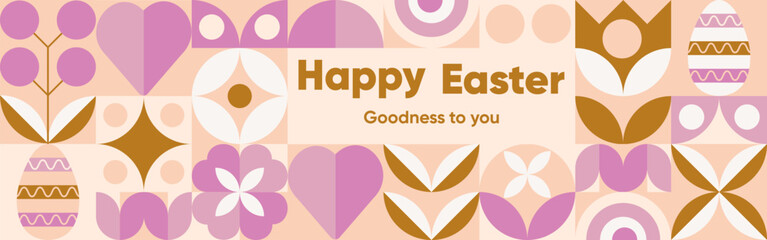 Fototapeta premium Banner for the Spring holiday Happy Easter with a texture of geometric shapes pattern,pastel color trend background with eggs.Happy Easter vector illustration.