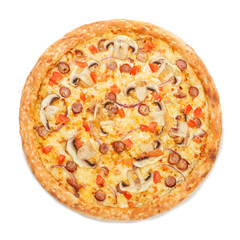 Delicious italian pizza with sausages, mushrooms, vegetables and cheese