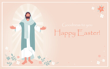  Happy Easter Sunday Day Illustration with Jesus, Religious card.Celebration of Ressurection, for Web Banner or Landing Page in Hand Drawn Templates.Vector