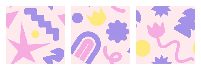 Cool Brutalism Seamless pattern set. Naive playful pastel color shapes in trendy brutalist style. Brutal contemporary figure. Swiss design Geometric background for poster, T-shirt.