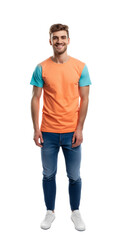 Young adult smiling man in t-shirt isolated on transparent white background. Full body