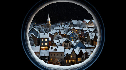 A view of a snowy town through a round hole.