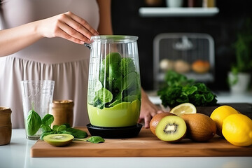 Woman blending ingredients for a smoothie using kitchen blender