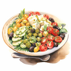 Mediterranean salad in bowl full of healthy vegetables and olives. Watercolor illustration.