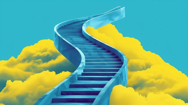 A surreal scene with a series of ascending stair steps into the clouds, symbolizing personal growth, learning, and the journey to success.