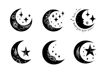 set of moon and stars silhouettes on isolated background